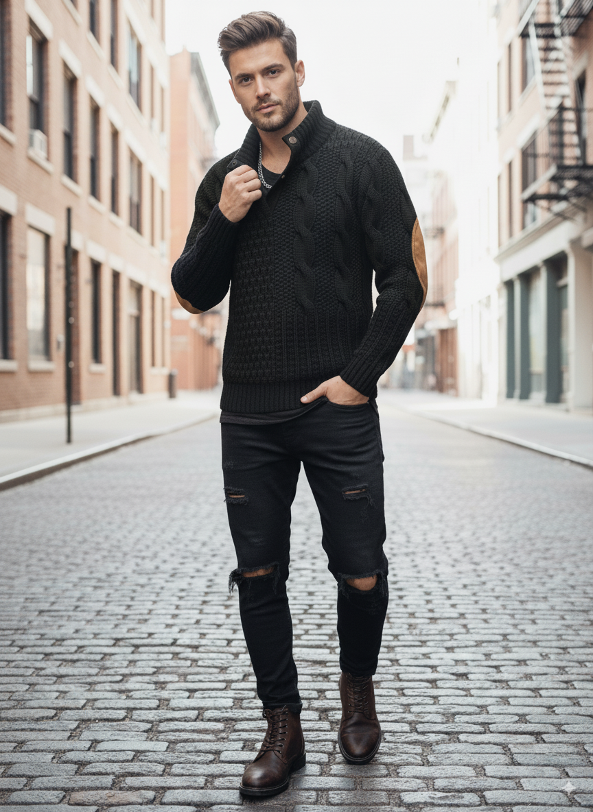 Avarati Men’s Cable Knit Sweater with Elbow Patches