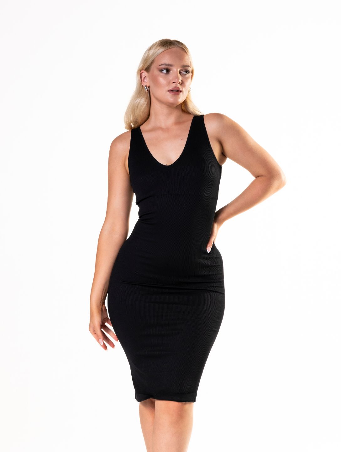 Deep V-Neck Seamless Midi Dress